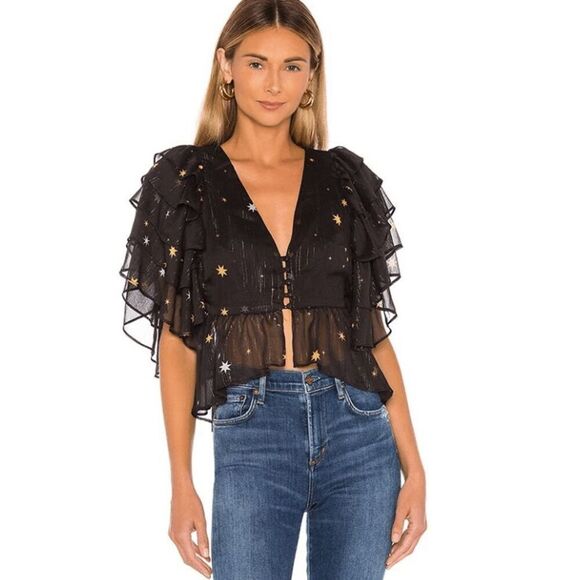 Lovers & Friends Georgie Star Bright Blouse Chiffon Ruffle Black Gold Size Small - Picture 1 of 11
